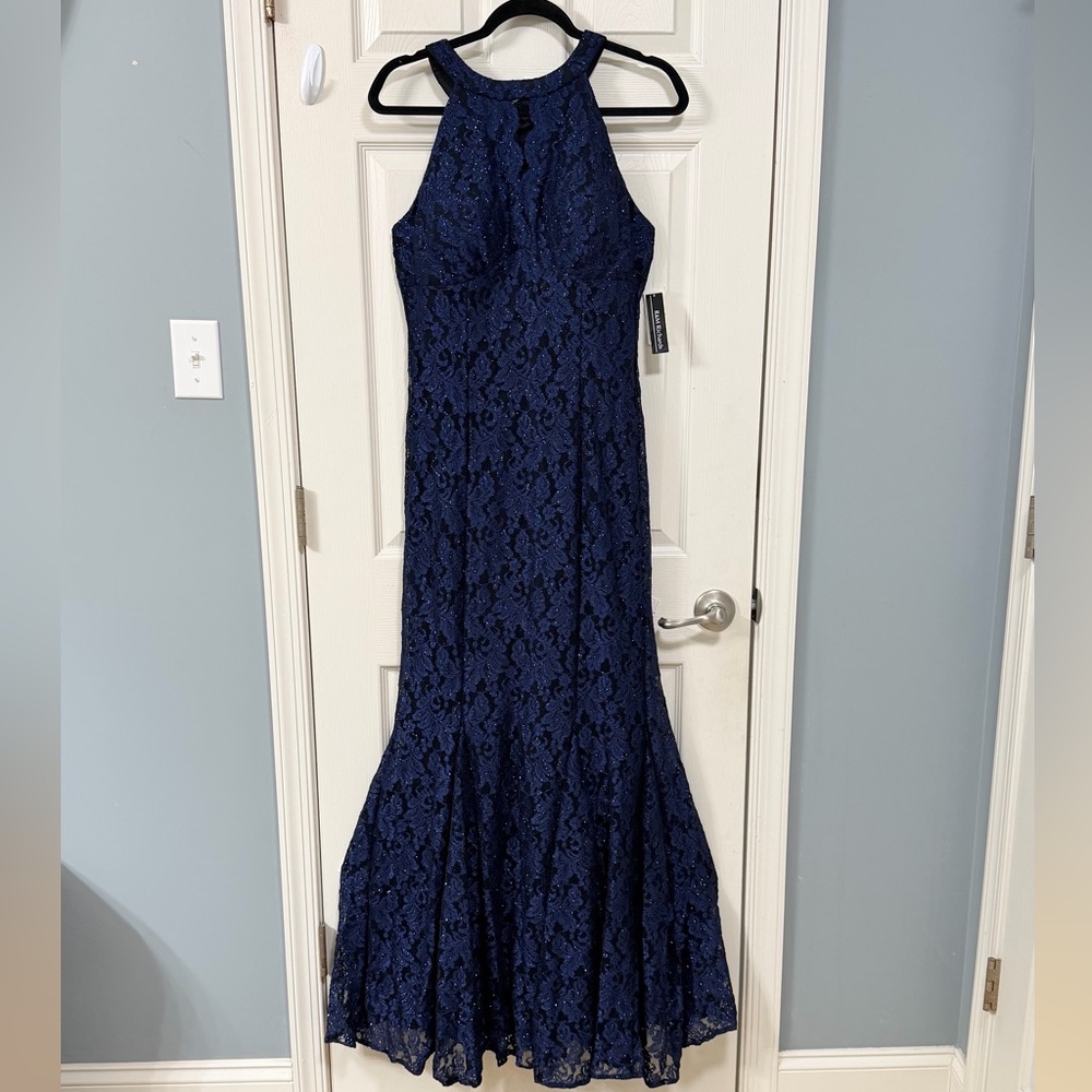 R&M Richards Navy Lace Maxi Dress Formal Gown Evening Cocktail Dress Luxury